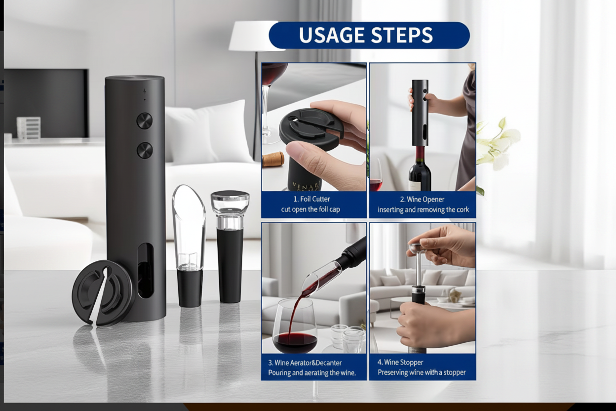 Electric Wine Opener – Usage Steps